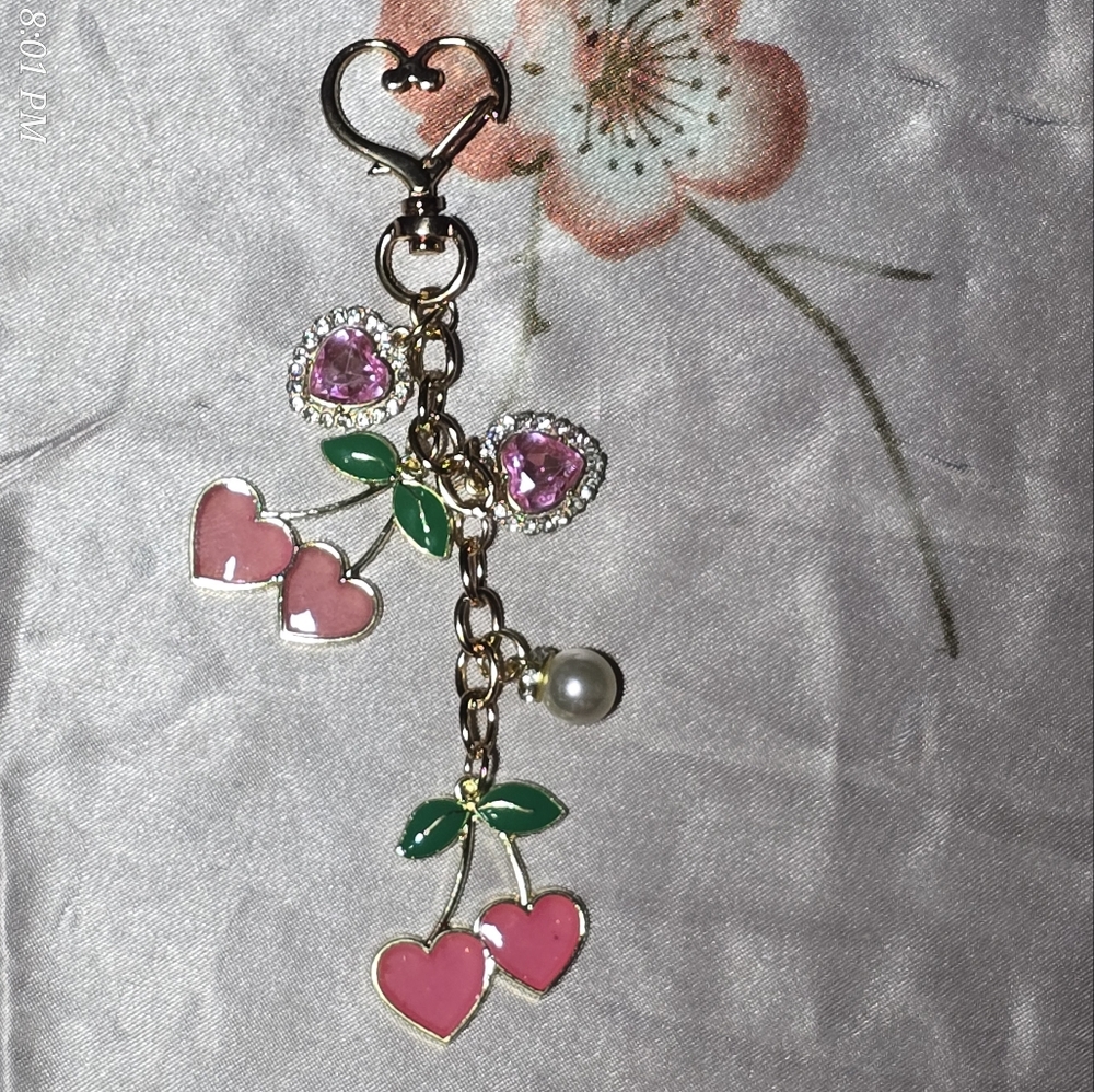 Pink Heart cherries and Green Leaf bagcharm